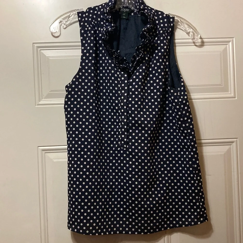 J. Crew Navy and White Polka Dot Ruffle Blouse 4
